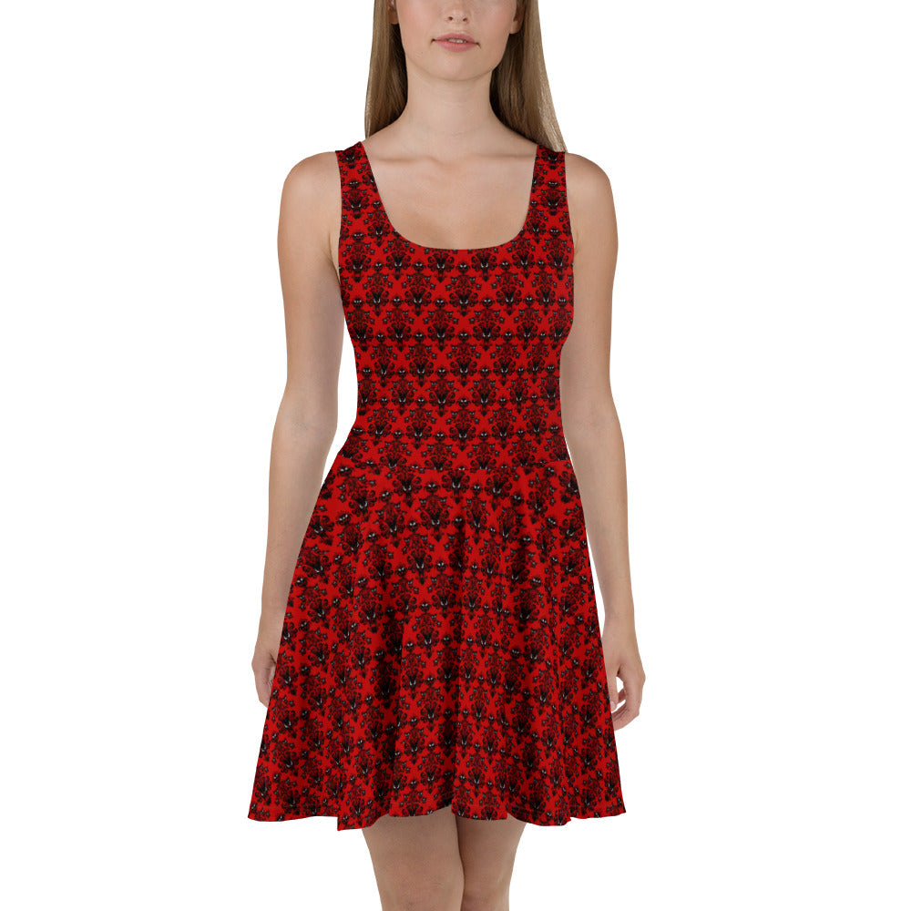 Red Haunted Mansion pattern on women's skater dress, front view