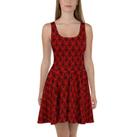 Red Haunted Mansion pattern on women's skater dress, front view
