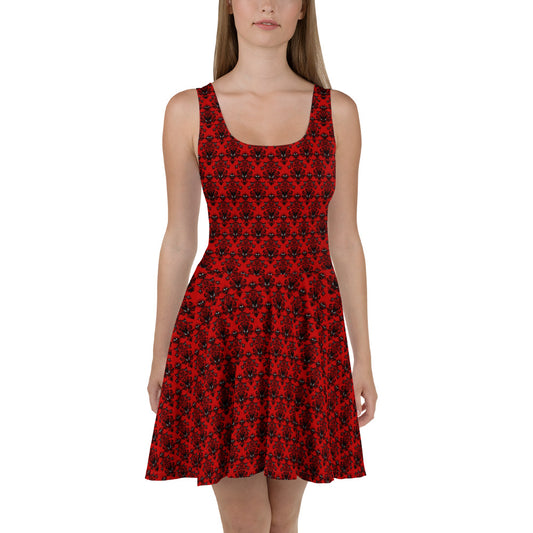 Red Haunted Mansion pattern on women's skater dress, front view