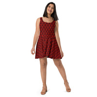 Red Haunted Mansion pattern on women's skater dress, front view