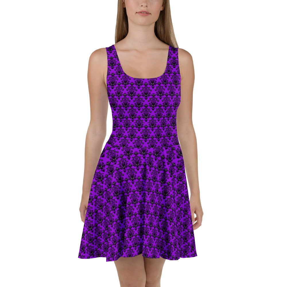 Purple Haunted Mansion pattern on women's skater dress, front view