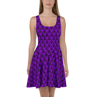 Purple Haunted Mansion pattern on women's skater dress, front view