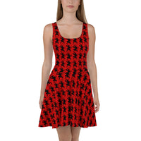 Red Krampus pattern on women's skater dress, front view