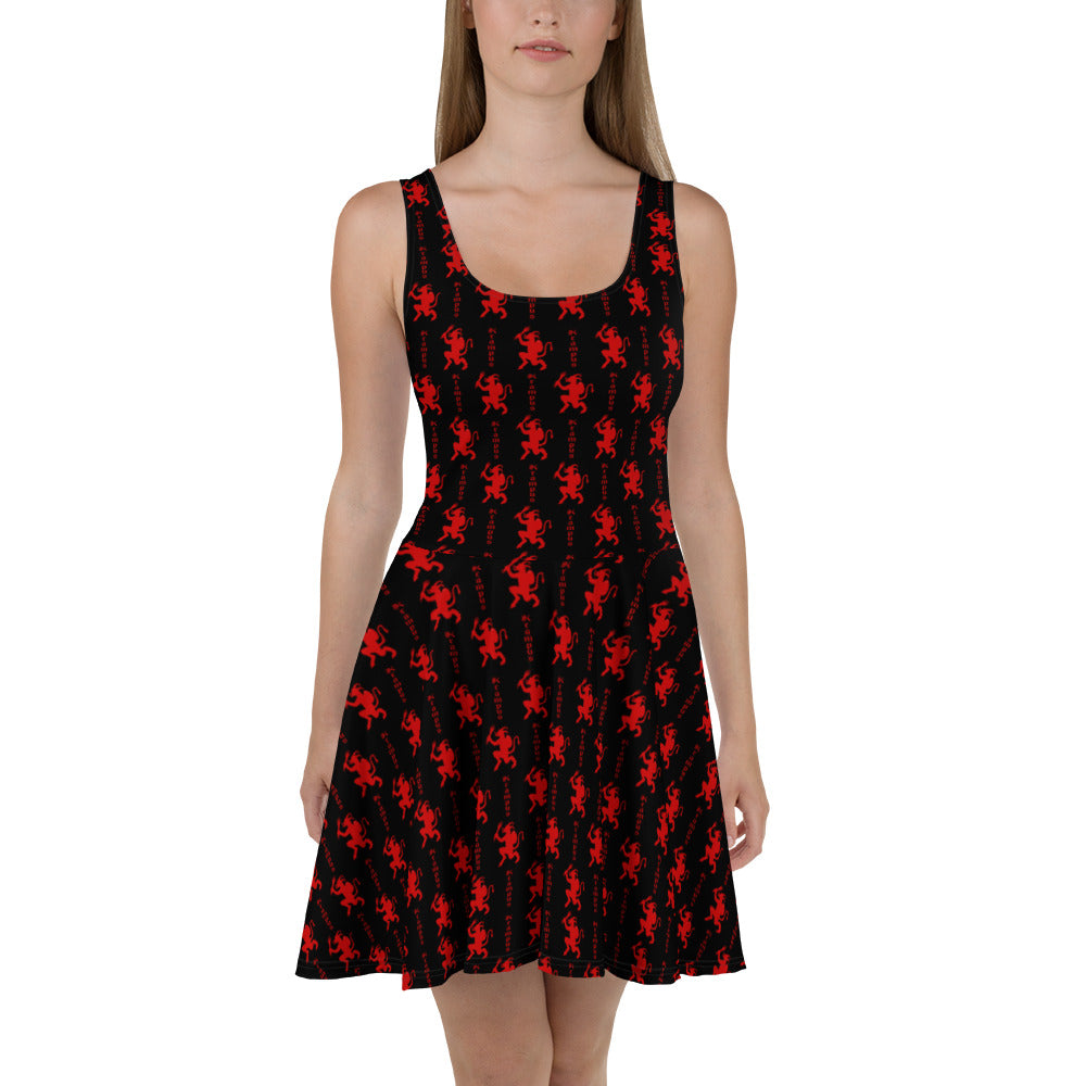 Black Krampus pattern on women's skater dress, front view