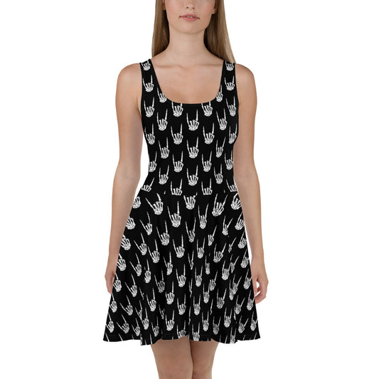 Devil Horns Bone Hands pattern on women's skater dress, front view