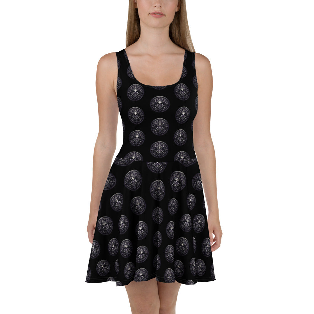 All-Seeing Eye Medallions pattern on women's skater dress, front view