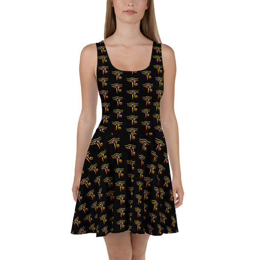 Eye of Ra pattern on women's skater dress, front view