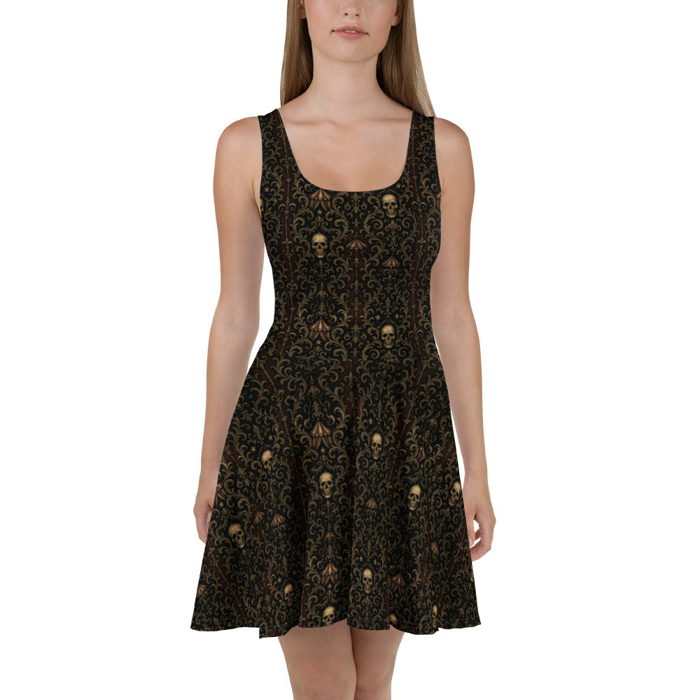 Skull Carnival pattern on women's skater dress, front view