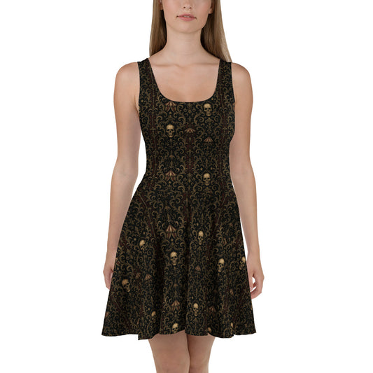 Skull Carnival pattern on women's skater dress, front view