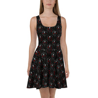 Bloody Skulls & Red Roses pattern on women's skater dress, front view
