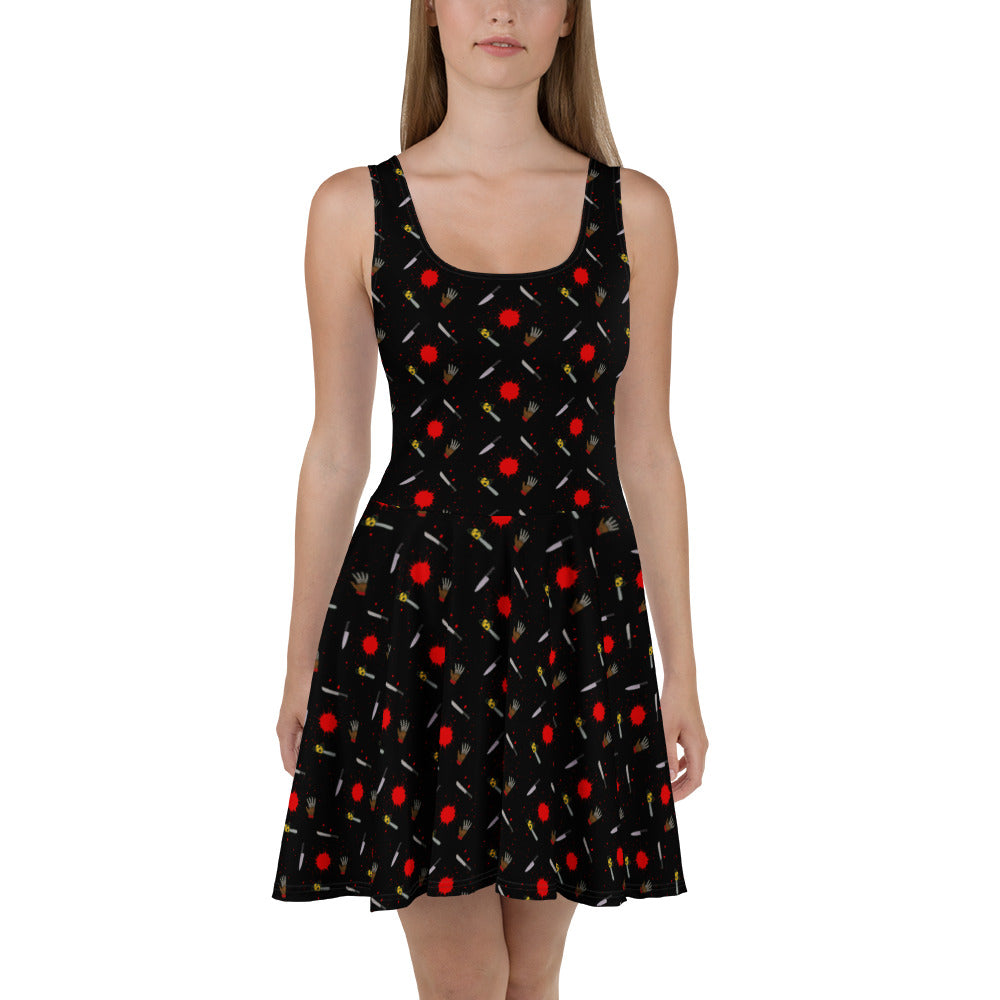 Classic Horror Weapons pattern on women's skater dress, front view