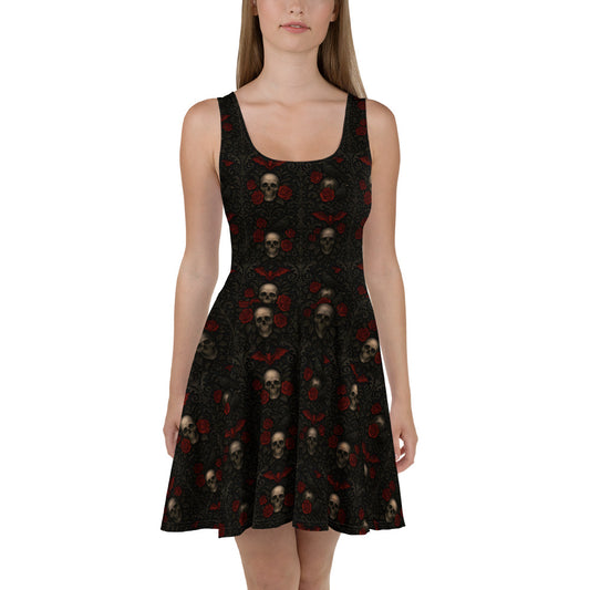 Skulls Bats Roses & Ravens pattern on women's skater dress, front view