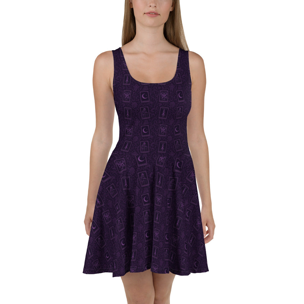 Purple Tarot Cards pattern on women's skater dress, front view