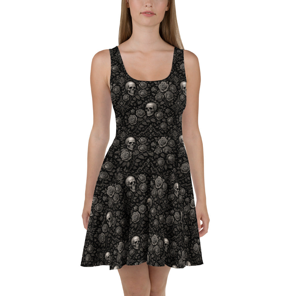 Skulls & Roses pattern on women's skater dress, front view