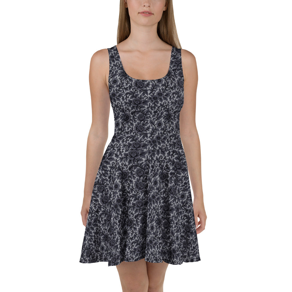 Black Rose Lace pattern on women's skater dress, front view