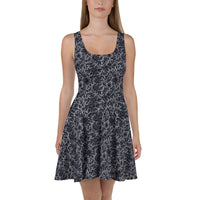 Black Rose Lace pattern on women's skater dress, front view