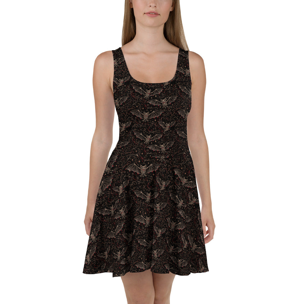Vampire Bat Skeletons pattern on women's skater dress, front view