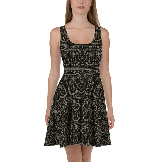 Krampus Christmas Pattern pattern on women's skater dress, front view