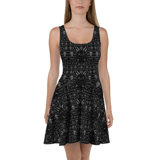 Baby Krampus Christmas Pattern pattern on women's skater dress, front view