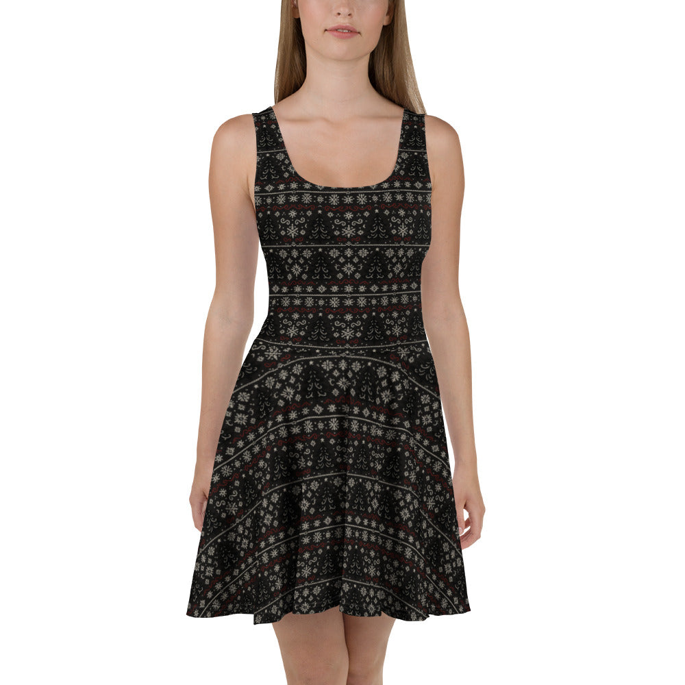 Gothic Christmas Tree pattern on women's skater dress, front view