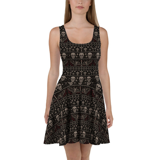 Skulls & Bats Christmas Pattern pattern on women's skater dress, front view