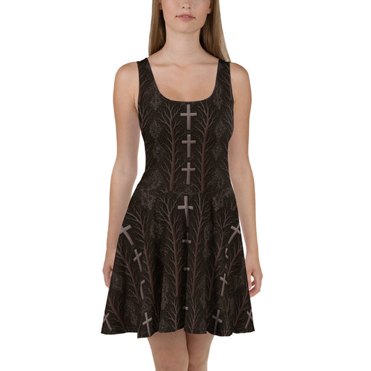 Gothic Cross & Dead Trees pattern on women's skater dress, front view