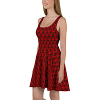 Red Haunted Mansion pattern on women's skater dress, left-side view