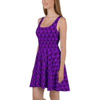 Purple Haunted Mansion pattern on women's skater dress, left-side view