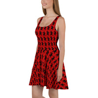 Red Krampus pattern on women's skater dress, left-side view