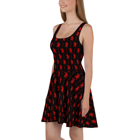 Black Krampus pattern on women's skater dress, left-side view