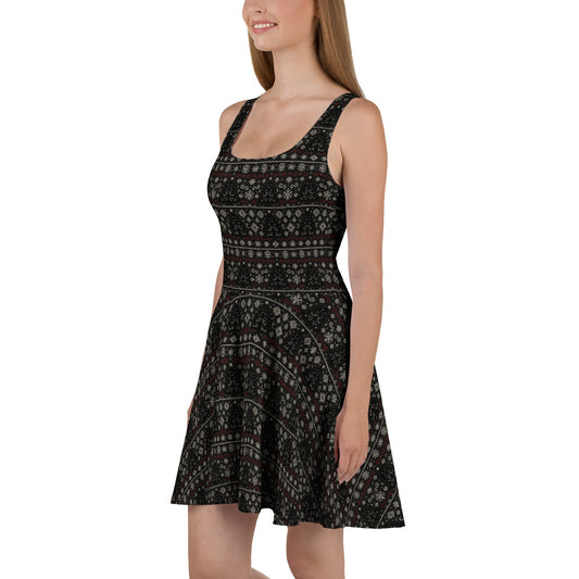 Gothic Christmas Tree pattern on women's skater dress, left-side view