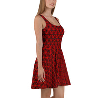 Red Haunted Mansion pattern on women's skater dress, right-side view