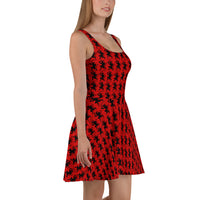 Red Krampus pattern on women's skater dress, right-side view