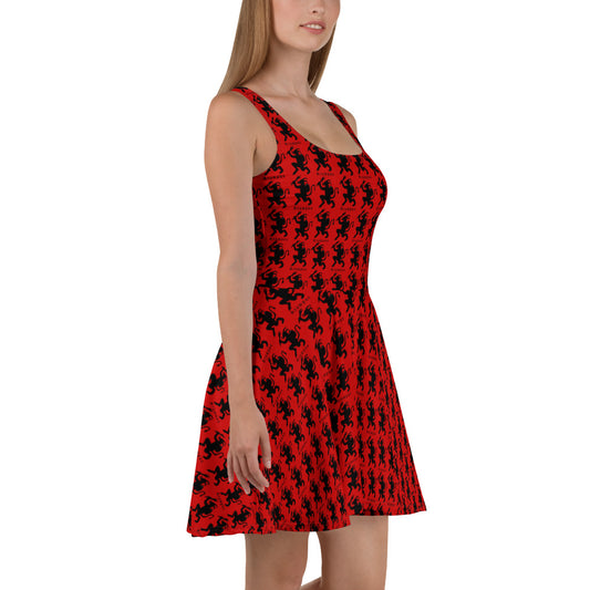 Red Krampus pattern on women's skater dress, right-side view