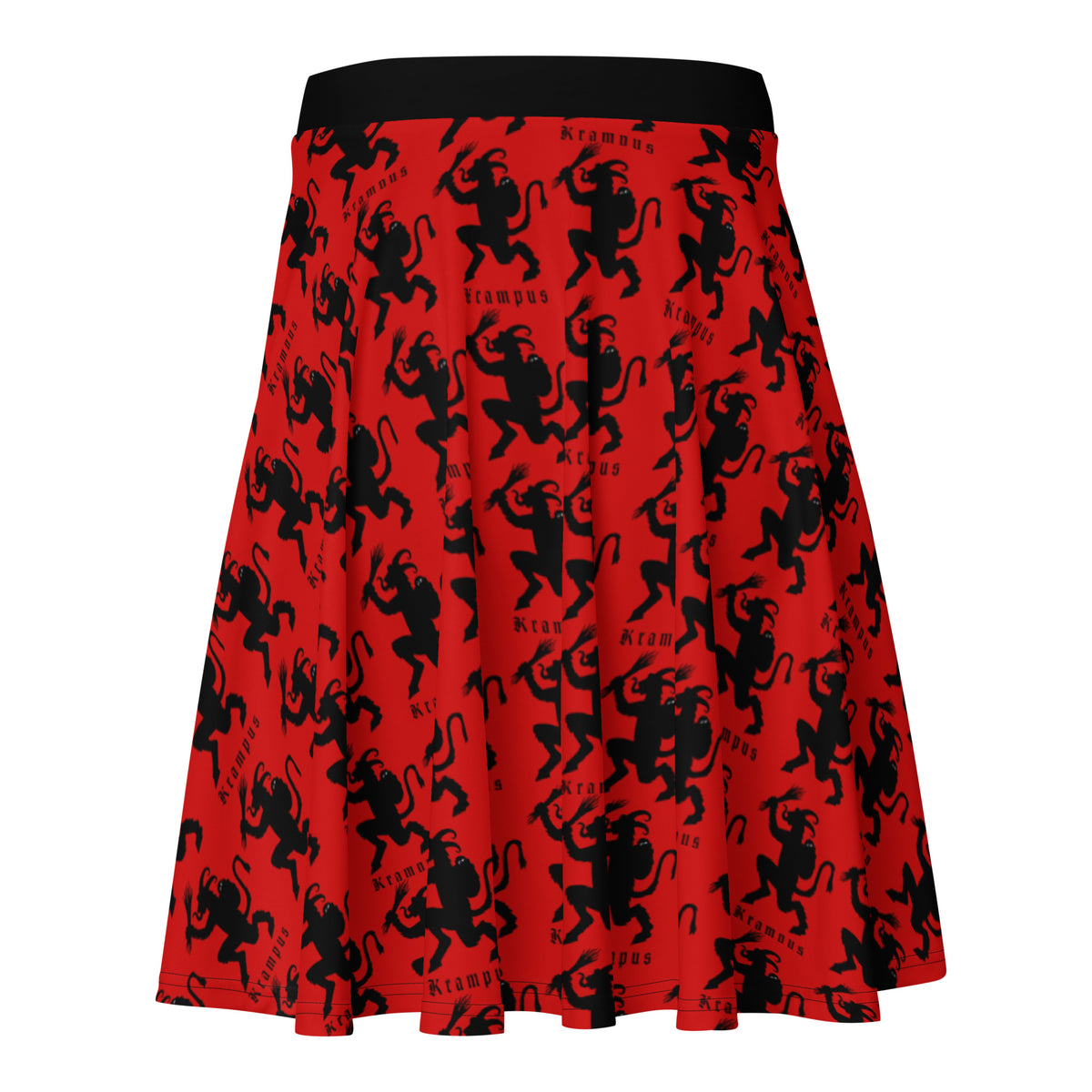 Red Krampus pattern on women's skater skirt, back view