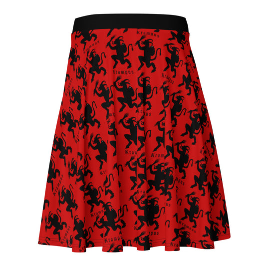 Red Krampus pattern on women's skater skirt, back view