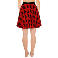 Red Krampus pattern on women's skater skirt, back view