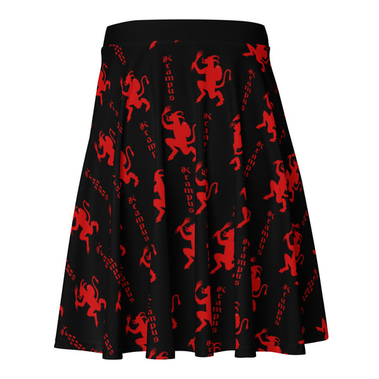 Black Krampus pattern on women's skater skirt, back view