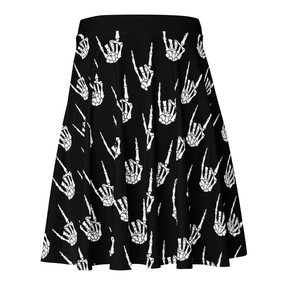 Devil Horns Bone Hands pattern on women's skater skirt, back view
