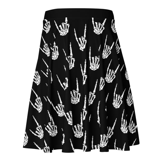 Devil Horns Bone Hands pattern on women's skater skirt, back view