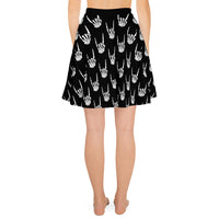 Devil Horns Bone Hands pattern on women's skater skirt, back view