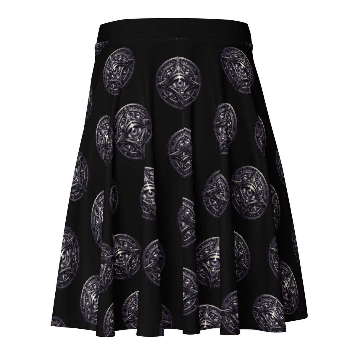 All-Seeing Eye Medallions pattern on women's skater skirt, back view