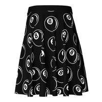 8 Ball Billiards pattern on women's skater skirt, back view