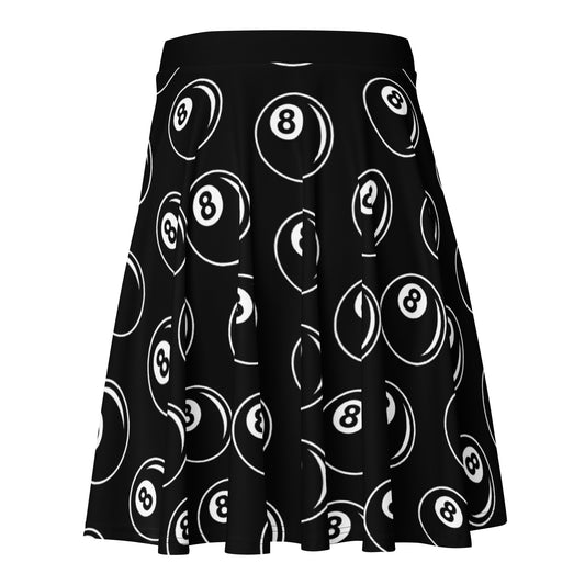 8 Ball Billiards pattern on women's skater skirt, back view