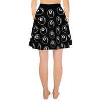 8 Ball Billiards pattern on women's skater skirt, back view