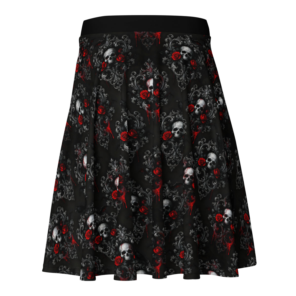 Bloody Skulls & Red Roses pattern on women's skater skirt, back view