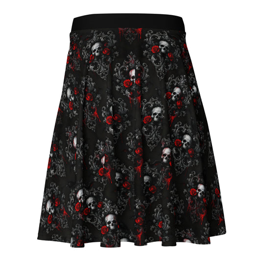 Bloody Skulls & Red Roses pattern on women's skater skirt, back view