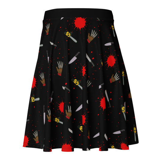 Classic Horror Weapons pattern on women's skater skirt, back view