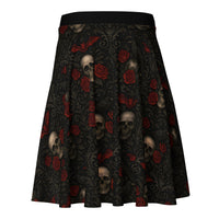 Skulls Bats Roses & Ravens pattern on women's skater skirt, back view