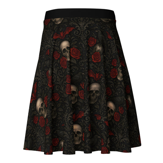 Skulls Bats Roses & Ravens pattern on women's skater skirt, back view